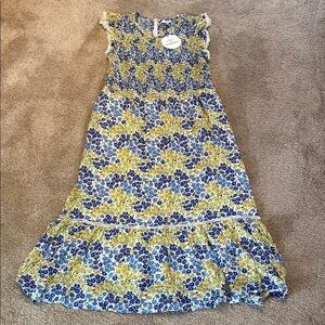 Lost + Wander Smocked Bodice S/S Blossom & Bloom Blue Yellow Floral Dress Sz L